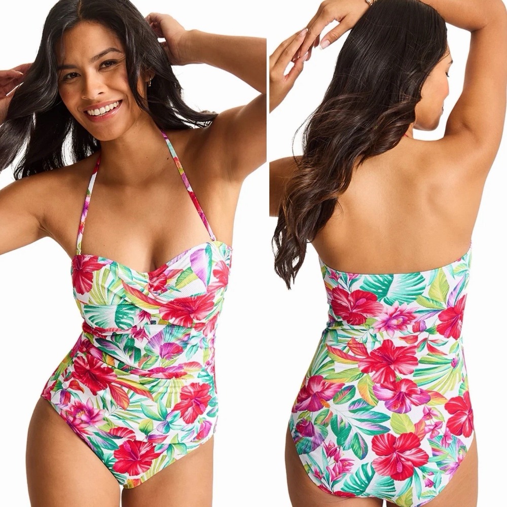 Tommy Bahama Size 10 Island Cays Fiesta Bandeau One Piece Swimsuit White Floral - Picture 12 of 12